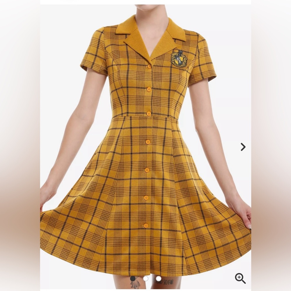 Her Universe Yellow Harry Potter Hufflepuff Plaid Button-Up Dress